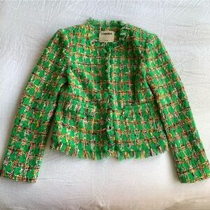 L’agence Angelina Tweed Open Front Pocket Blazer Suit Jacket Green Houndstooth